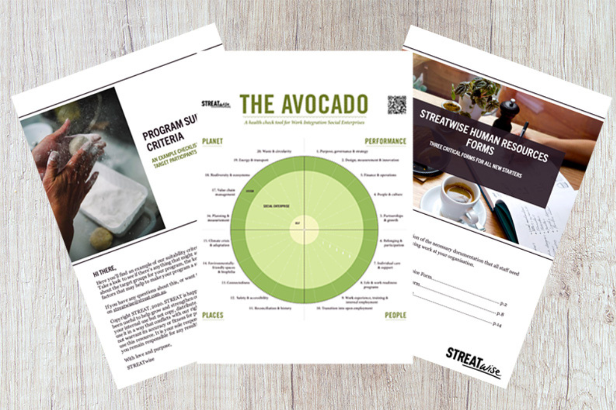 Three STREATwise documents on a wooden table, including “The Avocado” health check tool, program suitability criteria, and human resources forms for work integration enterprises.